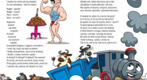 Ilustracja przedstawia muskularnego mężczyznę, lokomotywę i krowy w wagonach, z fragmentami wiersza.