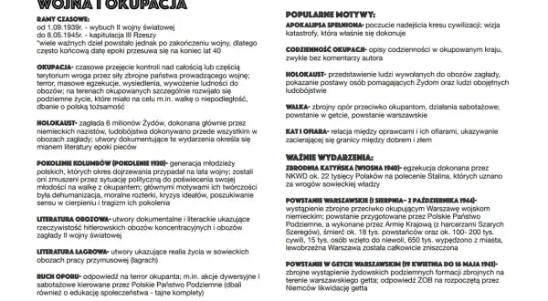 Literatura wojny i okupacji: definicje terminów, motywy i wydarzenia II wojny światowej, w tym Holokaust i powstania.