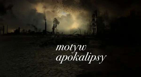 Mroczna wizja końca świata: zniszczone budynki, dymiące kominy fabryk i ptaki na tle zachmurzonego nieba.
