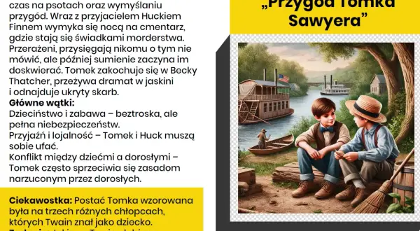 Dwaj chłopcy, Tomek i Huck, siedzą nad rzeką. To streszczenie „Przygód Tomka Sawyera” – pełne psot, przyjaźni i niebezpiecznych przygód.