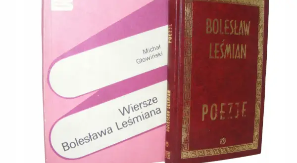 Dwie książki: czerwona z napisem "Bolesław Leśmian Poezje" i różowa z tytułem "Wiersze Bolesława Leśmiana".