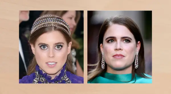 Dwie księżniczki angielskie, Beatrice i Eugenie, prezentują swoje spojrzenia. Beatrice w tiarze i fioletowej sukni, Eugenia w eleganckich kolczykach i zielonej kreacji.