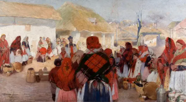 Scena z życia chłopów, gdzie tradycja i mitologizacja splatają się w barwnym obrazie. Ludzie w strojach ludowych, z koszami, tworzą żywy, historyczny pejzaż.
