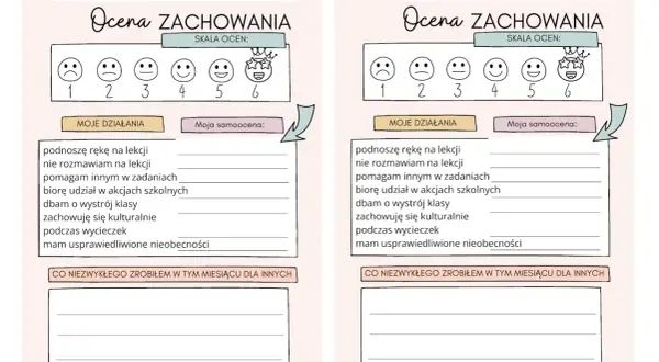 Formularz oceny zachowania, gdzie człowiek wobec presji otoczenia może ocenić swoje działania i samoocenę.