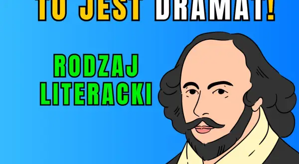 William Szekspir, postać symbolizująca dramat, obok napisu "TO JEST DRAMAT! RODZAJ LITERACKI".