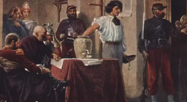Scena z obrazu przedstawiająca ludzi w strojach z epoki, być może ilustrująca przyczyny powstania styczniowego.