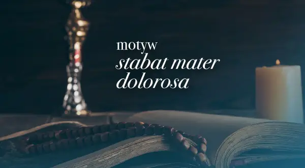 Kielich, otwarta księga z różańcem i płonąca świeca. Motyw stabat mater dolorosa.