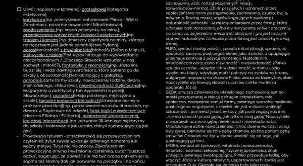 Groteska w Ferdydurke: karykatury, wyolbrzymienia, absurd, parodia i łamanie konwencji literackich tworzą obraz świata, gdzie forma jest ucieczką.