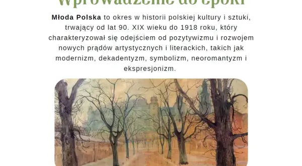 Młoda Polska, okres od lat 90. XIX w. do 1918 r., to czas modernizmu i symbolizmu. Obraz przedstawia Planty z widokiem na Wawel.