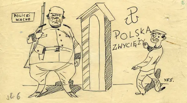 Rysunek satyryczny: gruby policjant z karabinem obok budki, obok niego mężczyzna w czapce z napisem "Polska zwycięży".