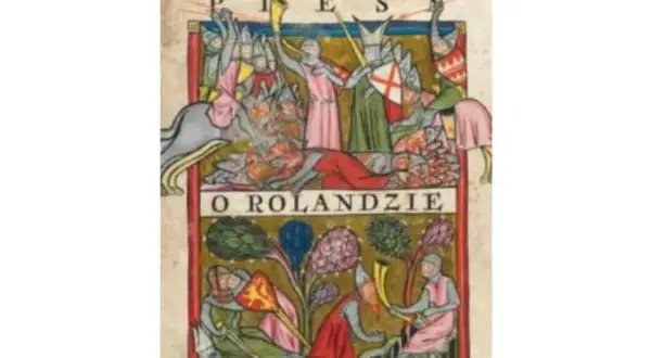 Ilustracja z epoki do "Pieśni o Rolandzie" ukazuje scenę bitwy i rycerzy.