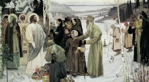 W zimowym krajobrazie, wśród ludu, Chrystus błogosławi, symbolizując polska chrystusem narodów.