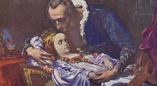 Mężczyzna pochyla się nad śpiącą kobietą, która leży w ozdobnej szkatułce. Obok nich lutnia i róże. To pieśń o cnocie.