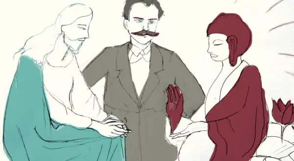 Nietzsche, Jezus i Budda w dyskusji. Filozofia kontra wiara. Interpretacja tego spotkania jest otwarta.
