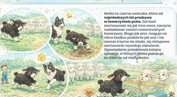 Krótkie streszczenie „Czarnej owieczki”: Metka, czarna owieczka, żyje wśród psów, naśladując ich zachowania. Biega jak pies, nie trzyma się stada, co budzi zdziwienie.