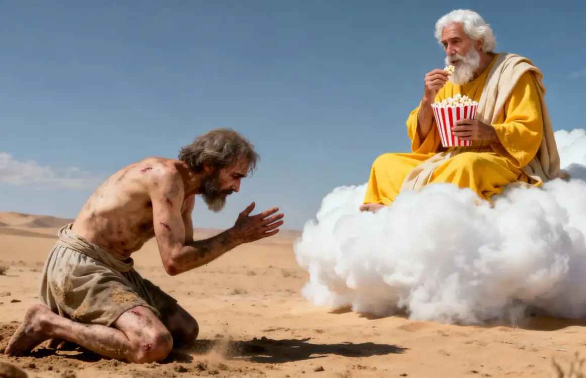 Bóg na chmurze je popcorn, a cierpiący człowiek klęczy na pustyni.
