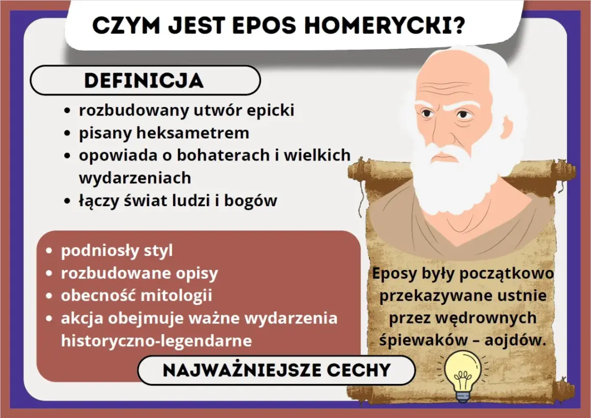 Heksametr co to? Eposy to rozbudowane utwory epickie, pisane podniosłym stylem, opowiadające o bohaterach i ważnych wydarzeniach. Łączą świat ludzi i bogów.