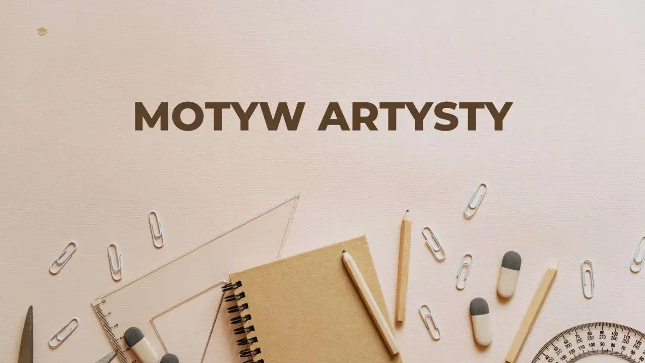 Motyw artysty w literaturze. Notatnik, oł&oacute;wki, linijka i spinacze na jasnym tle.
