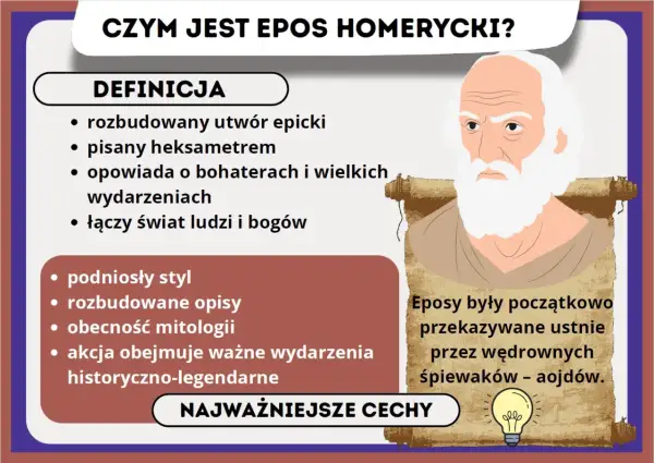 Heksametr co to? Eposy to rozbudowane utwory epickie, pisane podniosłym stylem, opowiadające o bohaterach i ważnych wydarzeniach. Łączą świat ludzi i bogów.