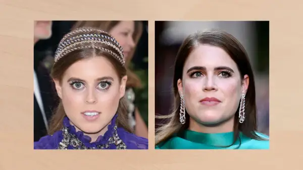 Dwie księżniczki angielskie, Beatrice i Eugenie, prezentują swoje spojrzenia. Beatrice w tiarze i fioletowej sukni, Eugenia w eleganckich kolczykach i zielonej kreacji.