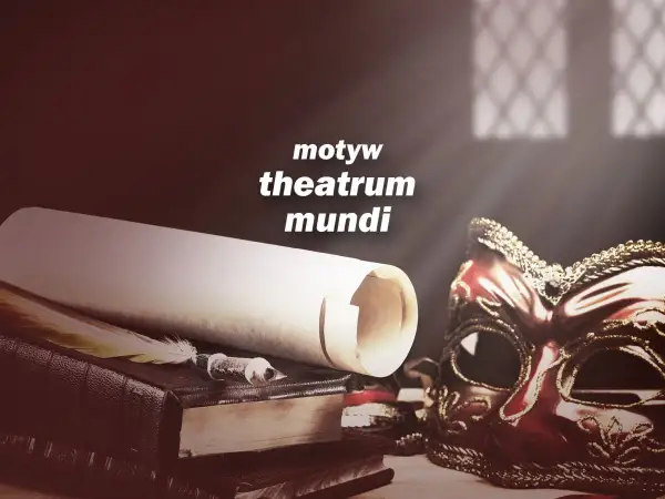 Makbet i motyw theatrum mundi: maska, pióro i zwoje papieru sugerują teatralność losu.