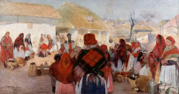 Scena z życia chłopów, gdzie tradycja i mitologizacja splatają się w barwnym obrazie. Ludzie w strojach ludowych, z koszami, tworzą żywy, historyczny pejzaż.