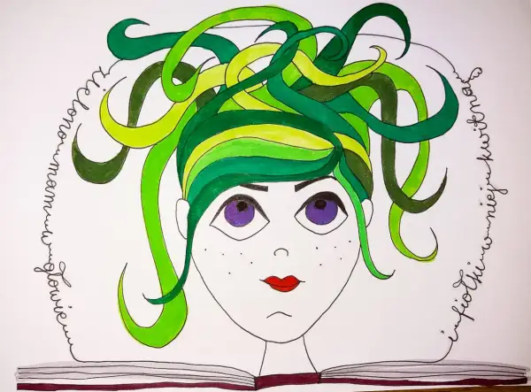 Ilustracja dziewczyny z zielonymi włosami jak u Meduzy, z fioletowymi oczami, nad otwartą książką.
