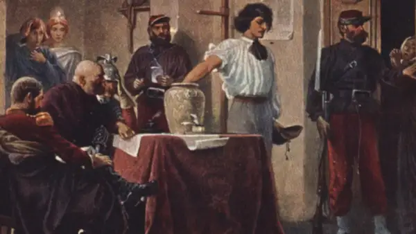 Scena z obrazu przedstawiająca ludzi w strojach z epoki, być może ilustrująca przyczyny powstania styczniowego.