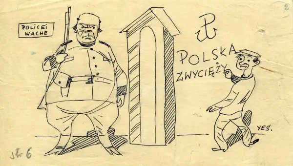 Rysunek satyryczny: gruby policjant z karabinem obok budki, obok niego mężczyzna w czapce z napisem "Polska zwycięży".