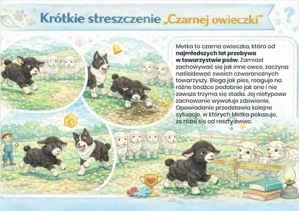 Krótkie streszczenie „Czarnej owieczki”: Metka, czarna owieczka, żyje wśród psów, naśladując ich zachowania. Biega jak pies, nie trzyma się stada, co budzi zdziwienie.